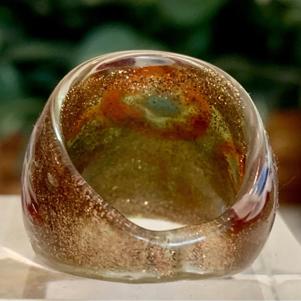 Vintage Murano Style Solid Glass Hand Blown Red Gold Millefiori Dome Ring Size 7